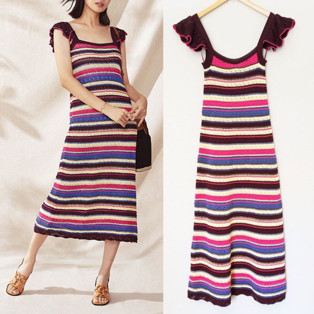 Zara Limited Edition Crochet Colorful Striped Knit Maxi Dress S Boho Cottagecore